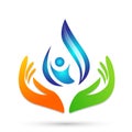 Water drop with hands save water people life concept logo icon on white background