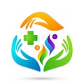 Family medical healthy life cross clinic hands care logo parent kids love, protect symbol icon design vector on white background