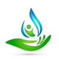 Water drop with hands save water people life concept logo icon on white background