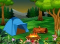 Forest camping concept with blue tent