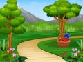 Cartoon of beautiful garden background with dirt road Royalty Free Stock Photo