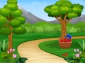 Cartoon of beautiful garden background with dirt road