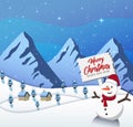 Happy New Year Merry Christmas 2019 on blue background with snowman and mountain Royalty Free Stock Photo