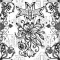 Seamless pattern with fantasy crosses and sacred geometry emblems on whiteSeamless pattern with fantasy crosses with lily and rose