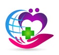 Globe world people heart care medical clinic care hand logo icon element vector on white background Royalty Free Stock Photo