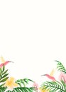 Background with tropical flowers, palm leaves and hummingbirds