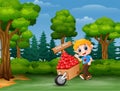 Cartoon boy pushing a pile of hearts in wood trolley for you Royalty Free Stock Photo