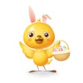 Cute little chicken with bunny ears and knitted basket with eggs celebrate Easter - isolated on white background