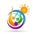People union world globe family care sun logo icon winning happiness together team work success wellness on white background Royalty Free Stock Photo