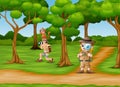 Cartoon two zookeeper in the jungle