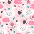 Pink seamless pattern with white princess swan