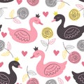 White seamless pattern with rose and princess swan Royalty Free Stock Photo
