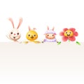 Easter characters bunny chicken sheep and flower on top of billboard - isolated on white background