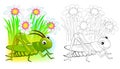 Fantasy illustration of cute cricket. Colorful and black and white page for coloring book. Printable worksheet for children and ad