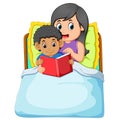 The curly boy is going to sleep and reading the book with his mother Royalty Free Stock Photo