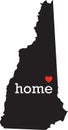 New Hampshire home state - black state map with Home written in white serif text with a red heart.