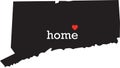 Connecticut home state - black state map with Home written in white serif text with a red heart. Isolated on white background