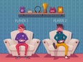 Friends is gaming. Gamers playing video game. Cartoon vector illustration