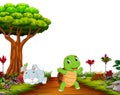 A bunny sleep under tree while tortoise run on road Royalty Free Stock Photo