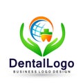 Vector logo design illustration for globe dental clinic healthcare dentist practice teeth treatment for healthy mouth