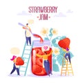 Concept of jam production. Happy flat people character making tasty, handmade organic strawberry jam in a large glass jar.