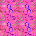 Seamless pattern with glasses and inscriptions: nerd, cool, mind, geek. Vector Royalty Free Stock Photo