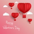 Happy valentines day greetings card design with paper cut heart shape flying balloon