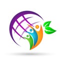 Globe People union world globe family care logo icon winning happiness together team work success wellness green leaves icon Royalty Free Stock Photo