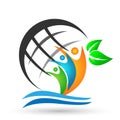 Globe People union world globe family care logo icon winning happiness together team work success wellness green leaves sea wave Royalty Free Stock Photo