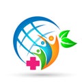 Globe People union world globe family care medical logo winning happiness together team work success wellness green leaves icon Royalty Free Stock Photo