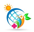 Globe People union world sun globe family care medical logo winning happiness together team work success wellness green leaves Royalty Free Stock Photo
