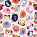 Vector seamless pattern with heads of dogs isolated on the white background. Funny pugs fabric design.