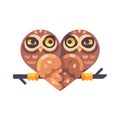 Two funny owls on a branch in the shape of a heart