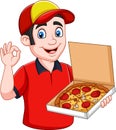 Pizza deliveryman holding tasty hot pizza and showing ok sign