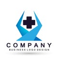 Medical health care clinic cross with hexagon shaped healthy life care logo design icon on white background