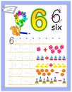 Educational page for kids with number 6. Solve mathematical examples. Printable worksheet for children textbook. Developing count