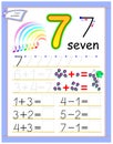 Educational page for kids with number 7. Solve mathematical examples. Printable worksheet for children textbook. Developing count.