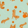 Cartoon set, seamless pattern with playful squirrels plaing in basketball