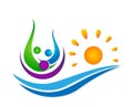 People union team celebrating happyness wellness water wave sea sun symbol icon element logo design on white background