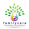 Family tree health care logo, family, parent, kids,green love, parenting, care, symbol icon design vector on white background