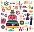 Collection of Chile`s symbols. National costumes of Chile, Peru and Bolivia