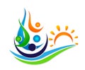 People sun water wave sea union team celebrating happiness wellness symbol icon element logo design on white background