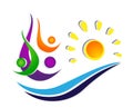 People sun water wave sea union team celebrating happiness wellness symbol icon element logo design on white background