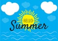 Hello Summer - Vector, Wording Design, Sun, Sky with Clouds and Sea with waves Illustration Royalty Free Stock Photo