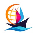 Globe world Boat ship sea water wave logo icon vector illustrations on white background Royalty Free Stock Photo