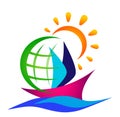 Globe world Boat ship sun sea water wave logo icon vector illustrations on white background Royalty Free Stock Photo