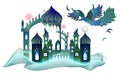 Illustration of fantasy oriental castle with flying fire-bird in the sky from eastern fairy tale. Cover for baby book.