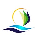 Globe world Boat ship sun sea water wave logo icon vector illustrations on white background Royalty Free Stock Photo