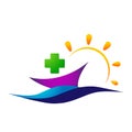 Medical care globe sun and sea wave boat ship family health concept in heart logo icon element sign on white background