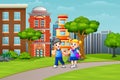 Cartoon couple school children walking on the road Royalty Free Stock Photo